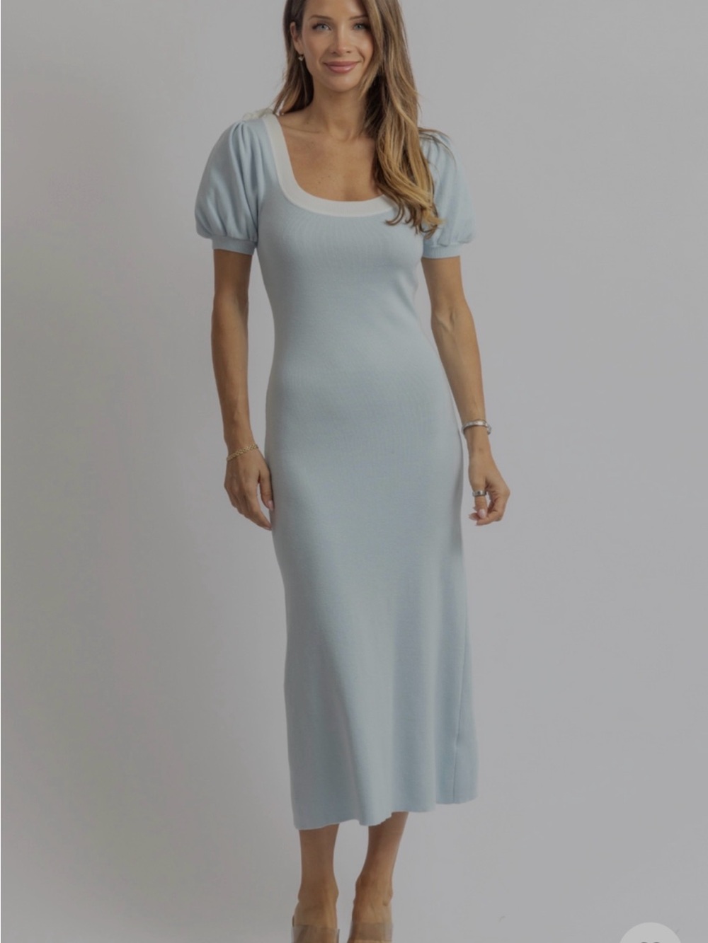 Square Neck Puff-Sleeve Midi Dress in Light Blue